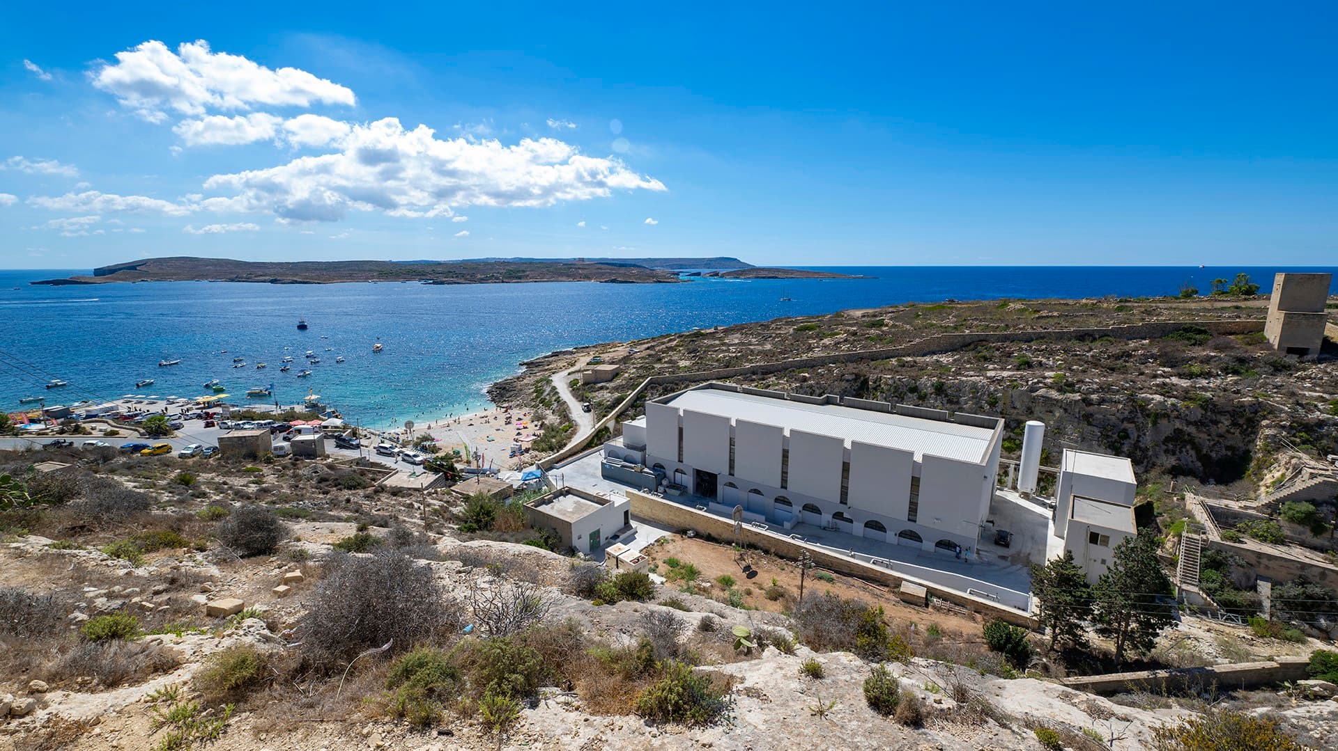 Aerial view of a reverse-osmosis plant on the Maltese coast
